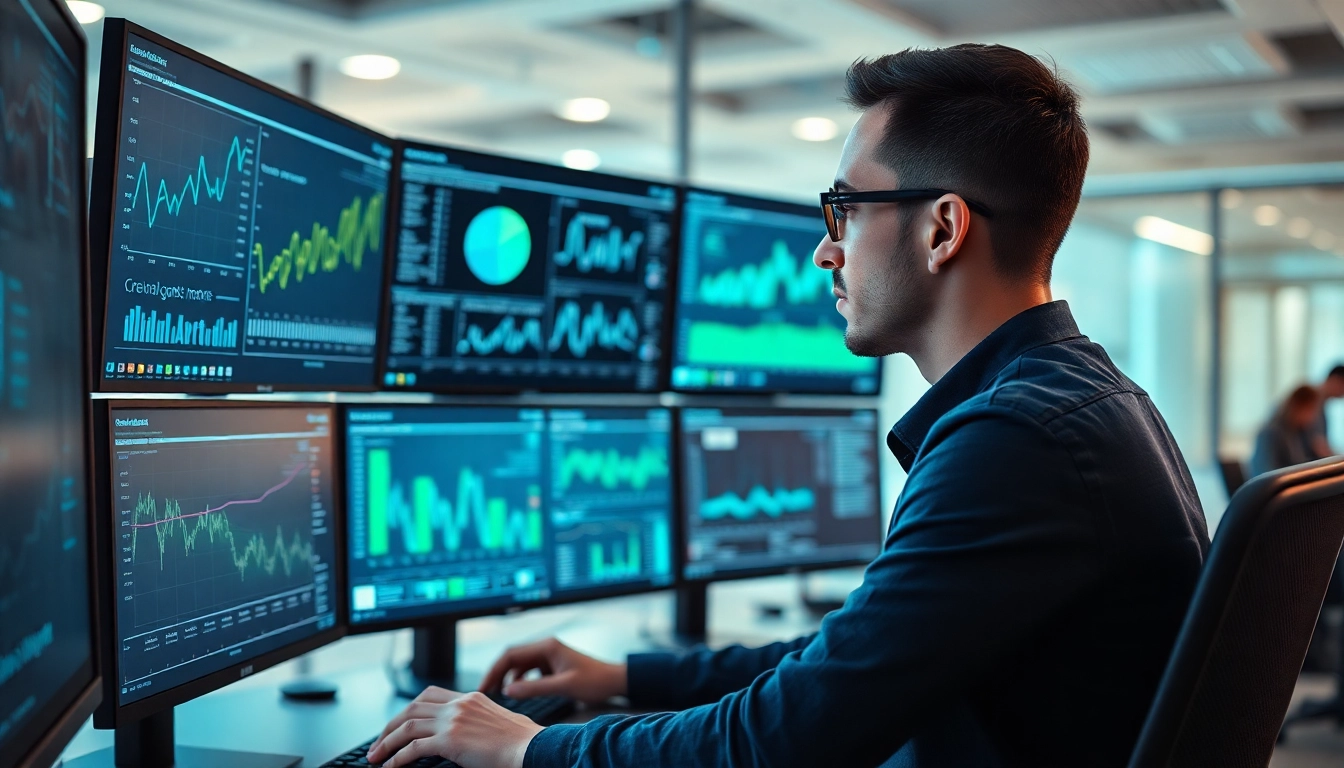 Utilizing AI for competitive intelligence, a data analyst reviews advanced analytics in a modern office setting.