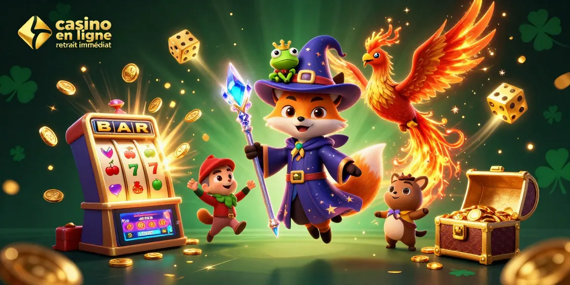 Illustration d'un casino en ligne retrait immédiat, montrant des personnages magiques et des éléments de jeu captivants.