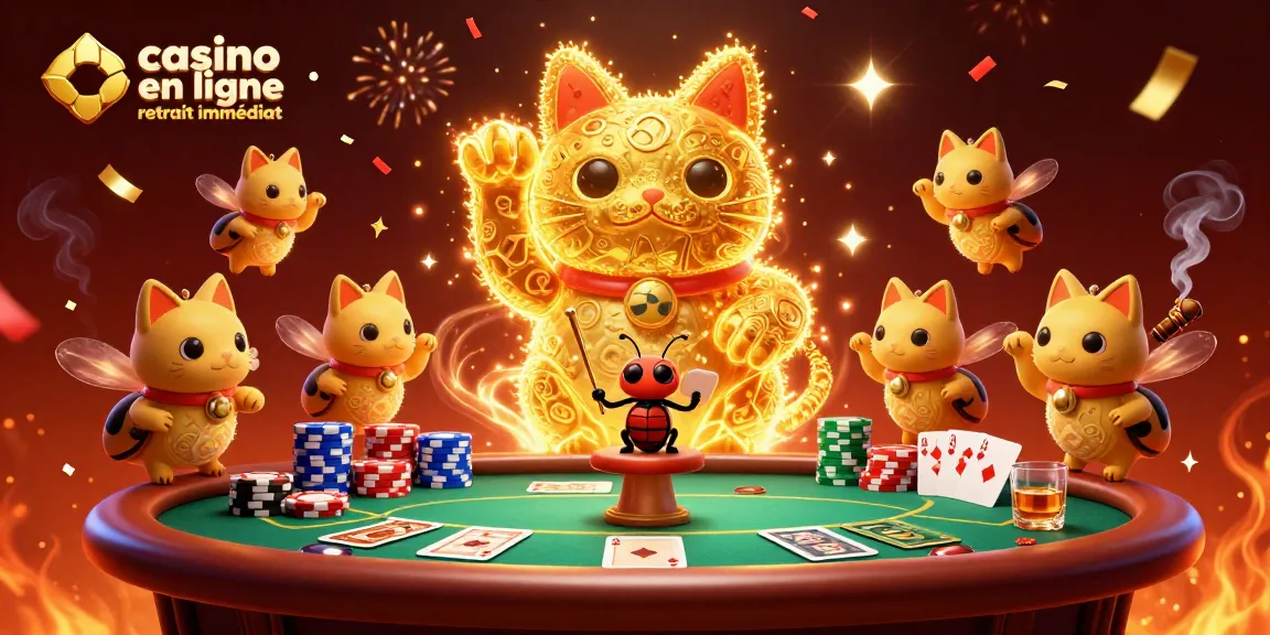 Vivez l'expérience du casino en ligne retrait immédiat avec un chat porte-bonheur dynamique entouré de cartes et de jetons.