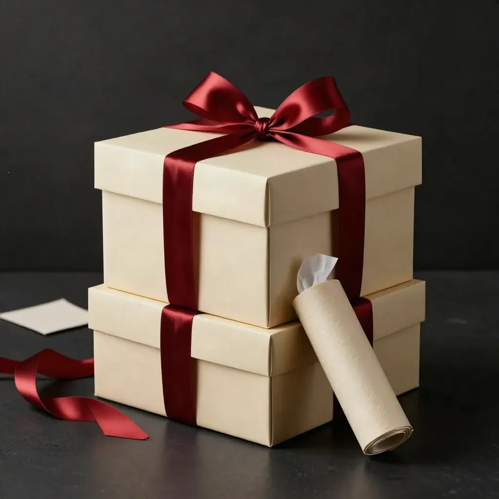Stacked birthday gift boxes with red ribbon and tissue on a dark studio floor.