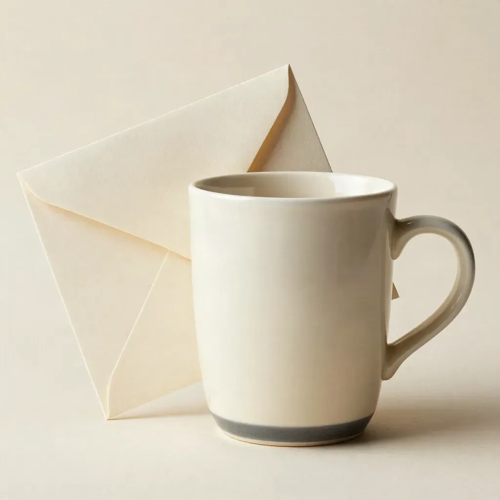 Ivory mug with folded card and envelope on cream, accented by charcoal.