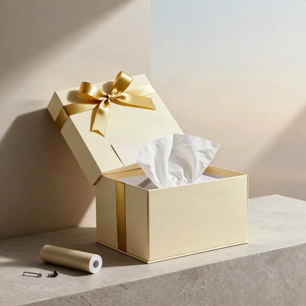 Opened cream gift box with gold ribbon, card and wrap rolls on a stone sill in soft window light