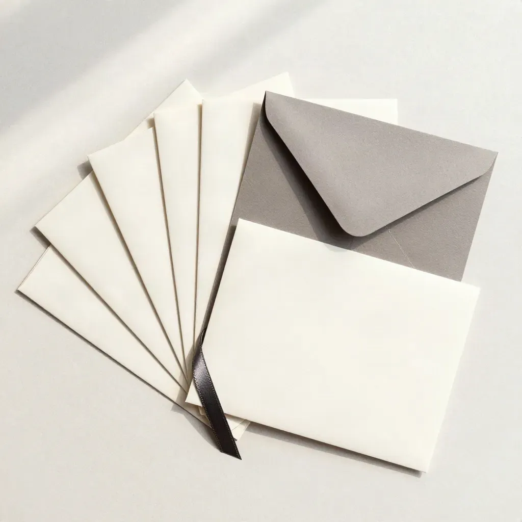 Overhead flatlay of thank-you cards, cream envelopes and charcoal ribbon on pale stone.