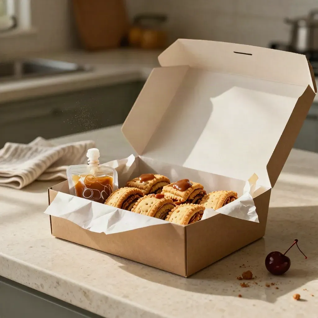 Open snack gift box with wrapped treats on travertine, lit warmly from one side.