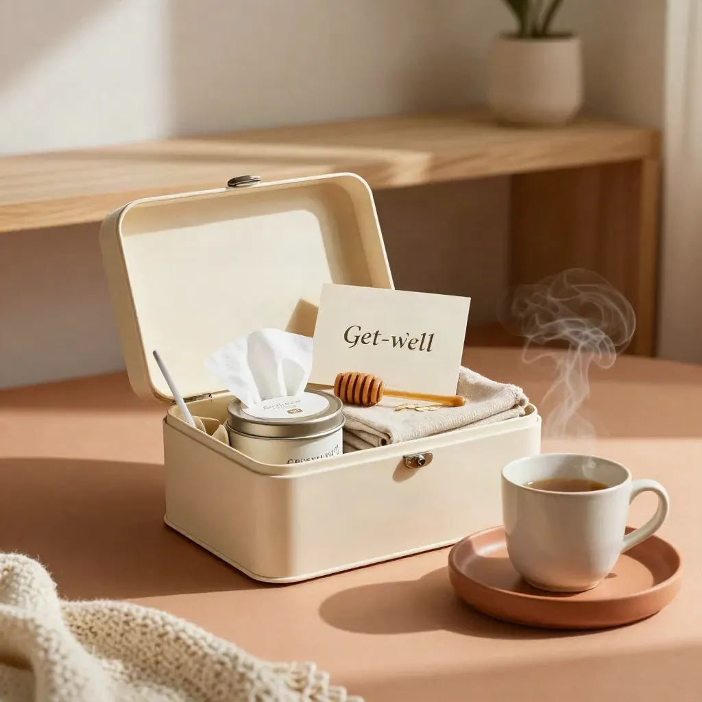 Get well gift box with tea, honey, card and steam on a terracotta bedside tray
