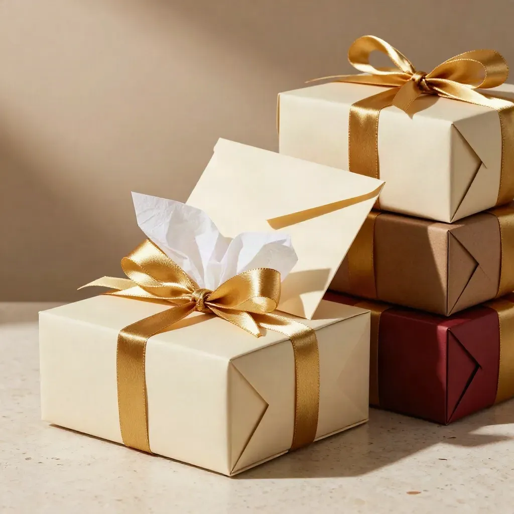 Stacked gift boxes with gold ribbon, tissue burst and a cream envelope on travertine in bright studio light.