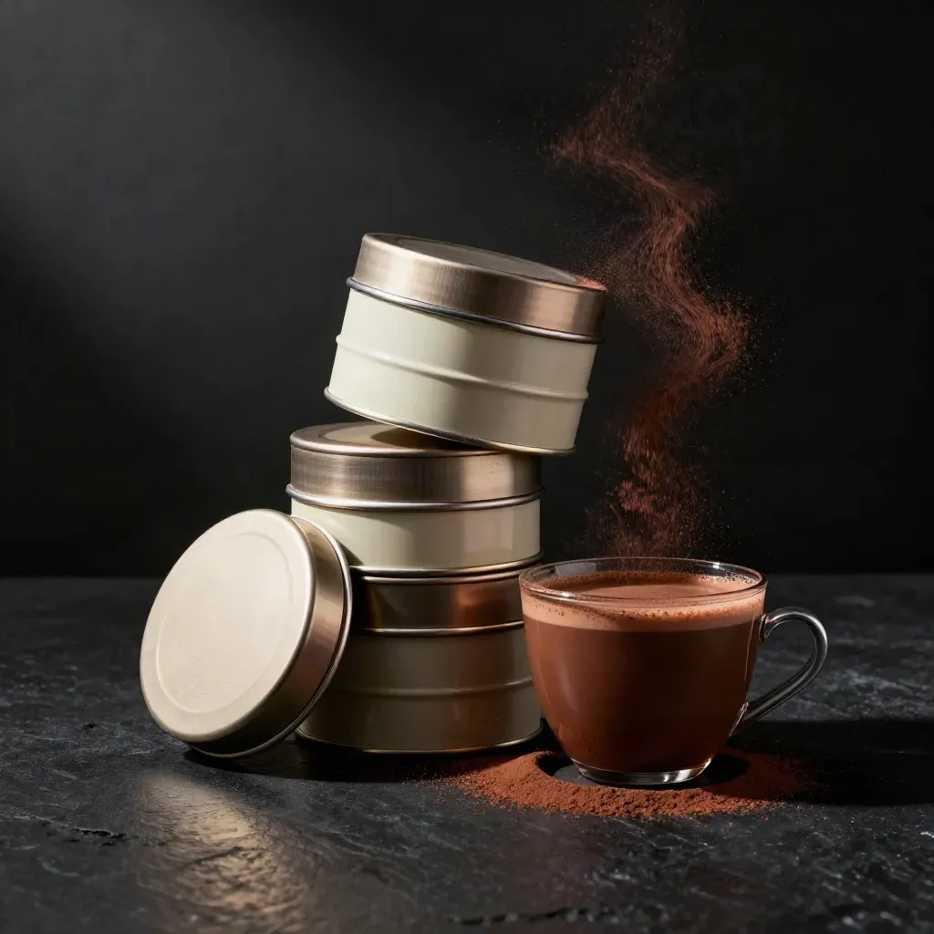 Six cocoa tins with one ajar lid and a small cup, lit dramatically on a dark studio surface.