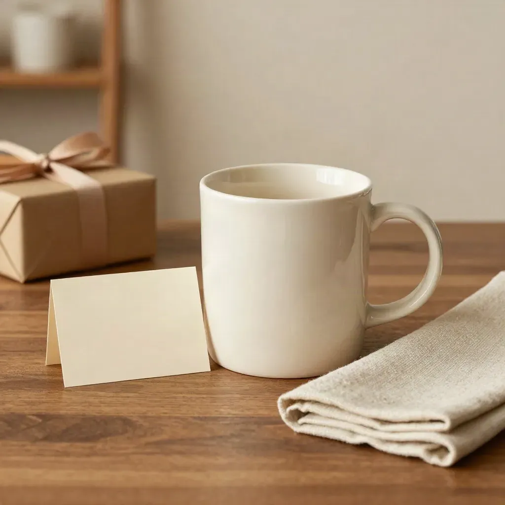 Ivory gift-ready coffee mug with card, napkin, ribbon, and wrapped box on walnut wood