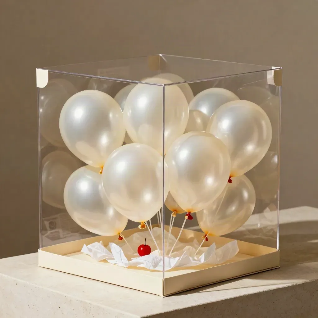 Clear birthday balloon box with ten pale balloons, tissue paper, and a cherry-red accent.