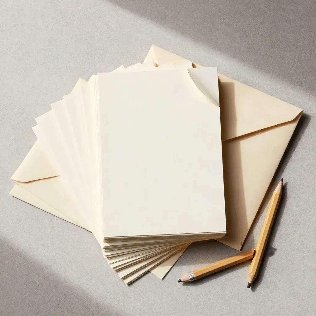 Overhead flatlay of blank dad-joke cards, cream envelopes, a peeled corner, and a pencil stub.