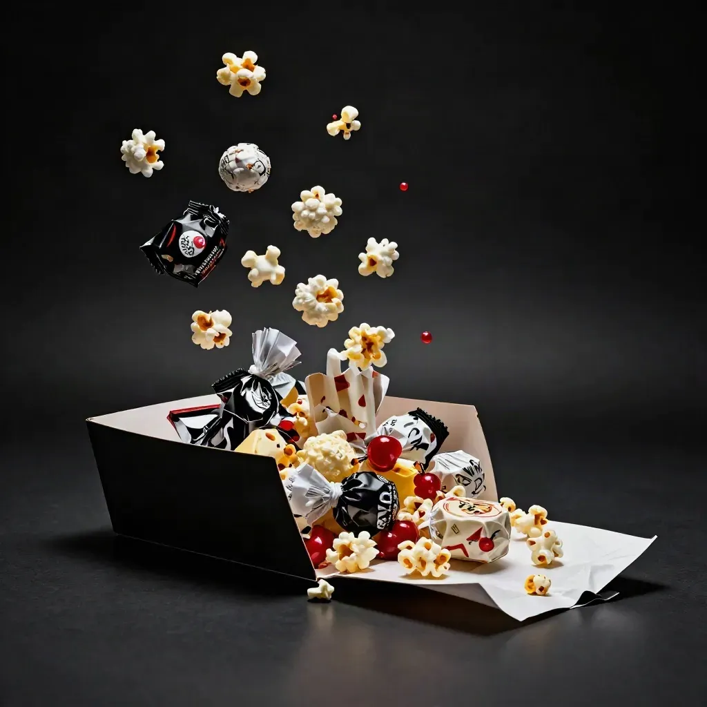 Open snack gift box with popcorn and wrapped treats bursting forward in dramatic studio light