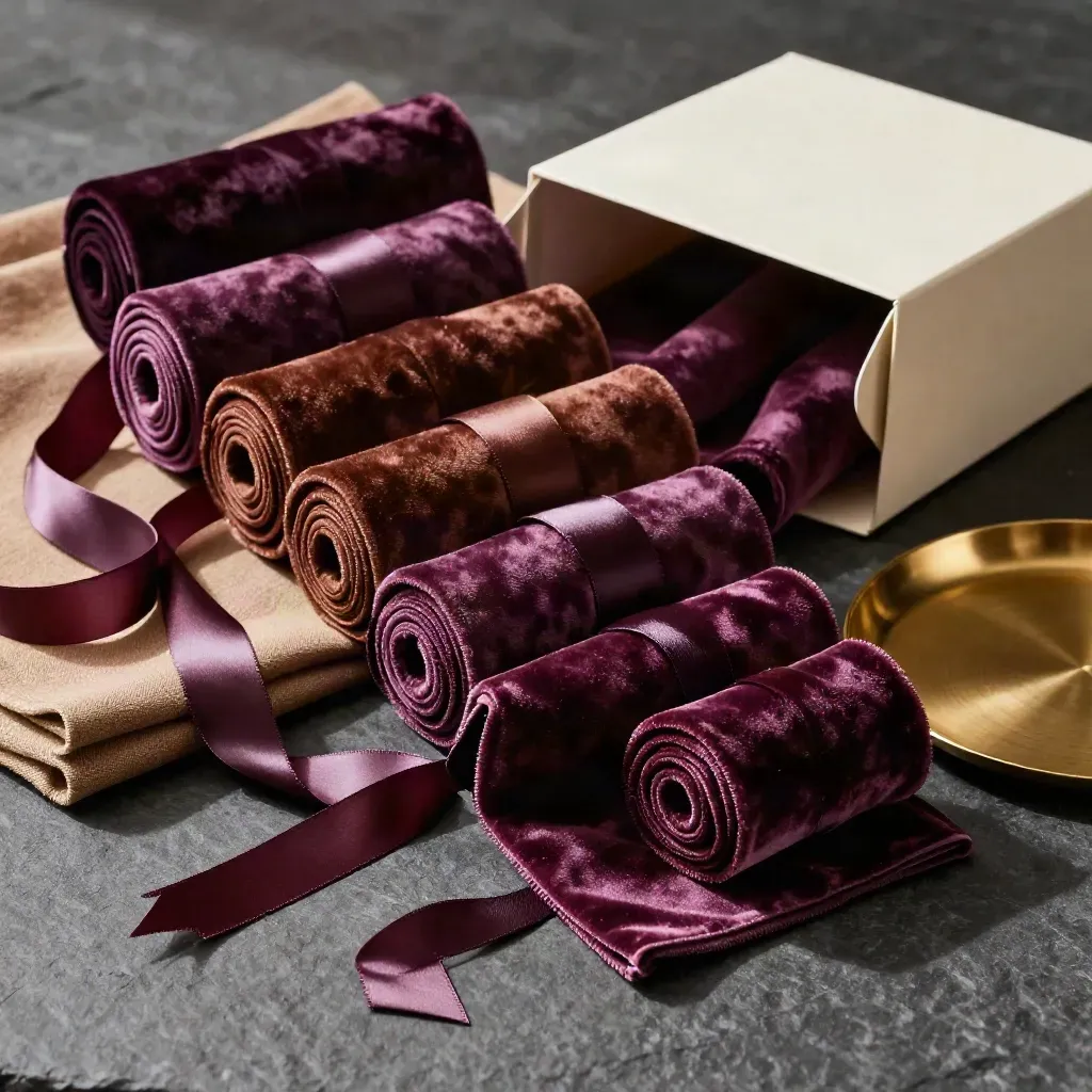 Velvet wrap kit spills from a cream box on charcoal stone with gold accents.