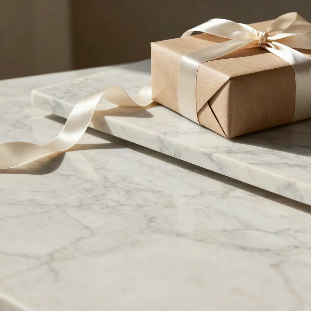 Sunlit marble counter with ribbon curls and a gift box corner above calm copy space.