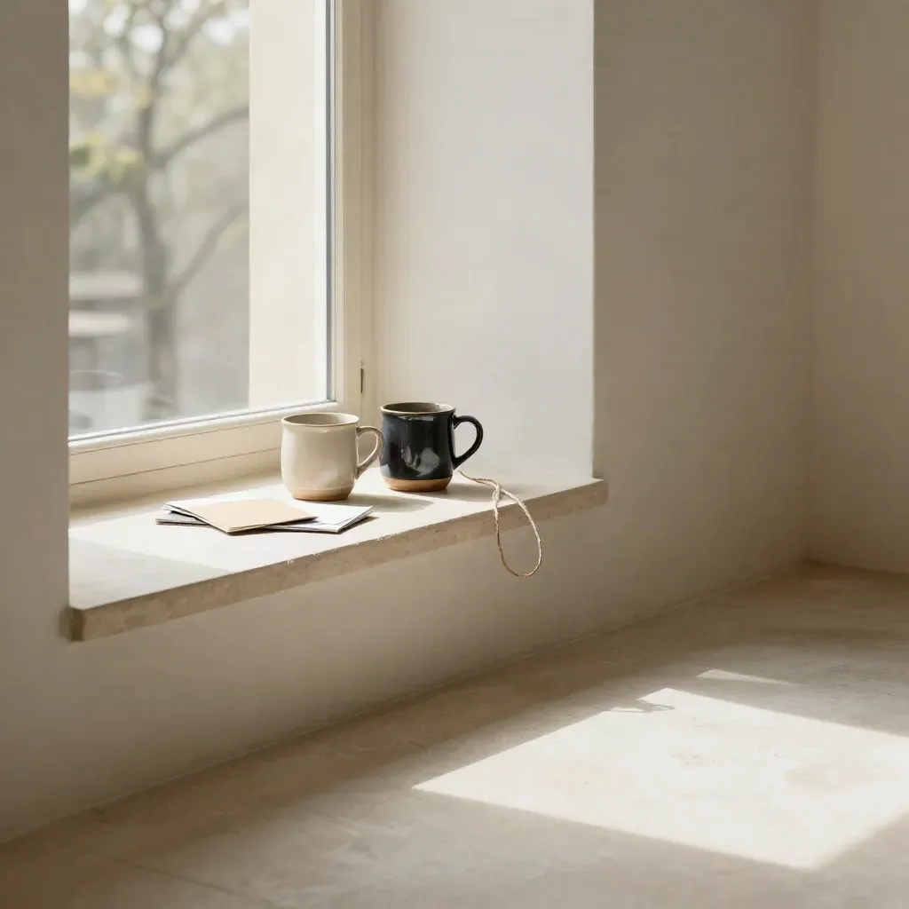Sunlit window alcove with mugs and greeting cards on a shelf above calm floor space.