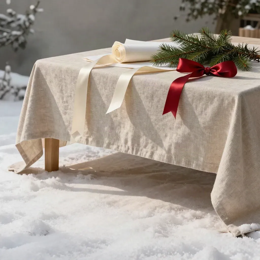 Winter garden with linen, ribbon coils, wrap paper and evergreen in soft sunlit haze.