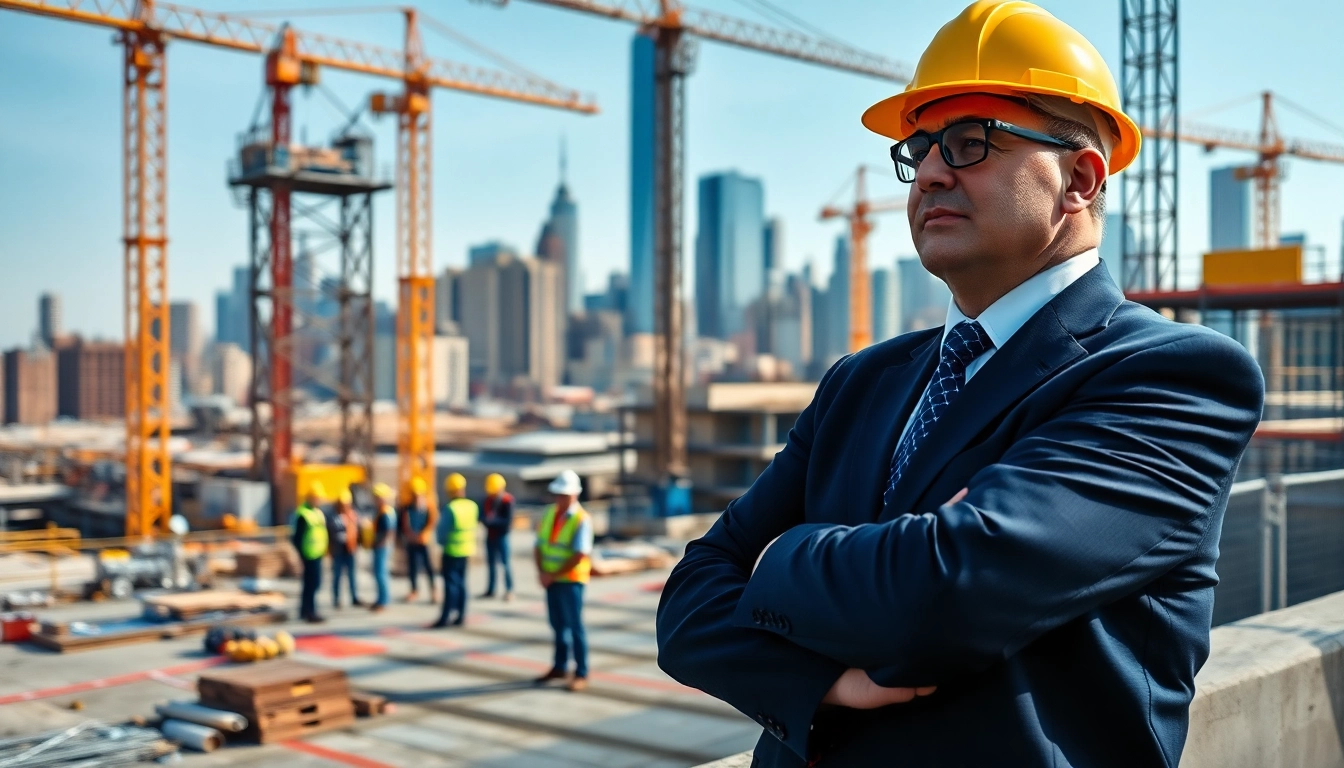 New York Construction Manager guiding a construction team amidst a bustling urban site.
