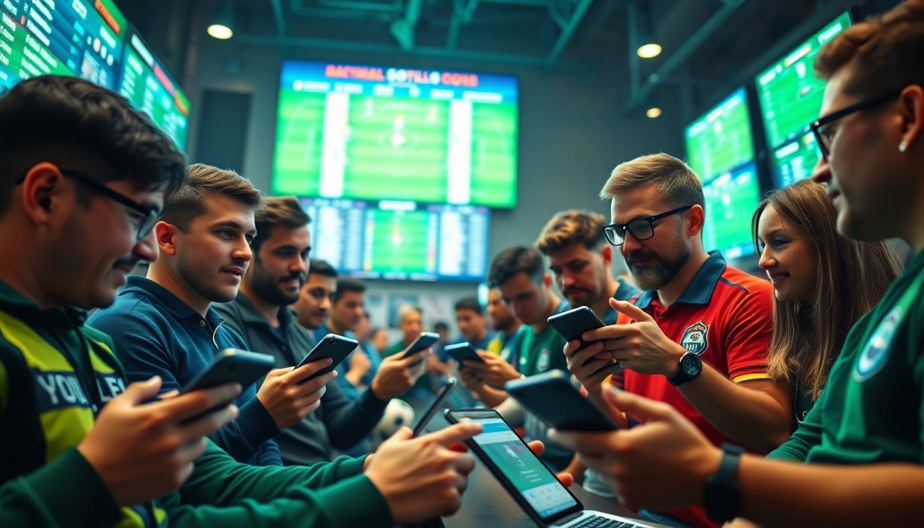 Kèo nhà cái fans engaged in sports betting analysis with digital devices.