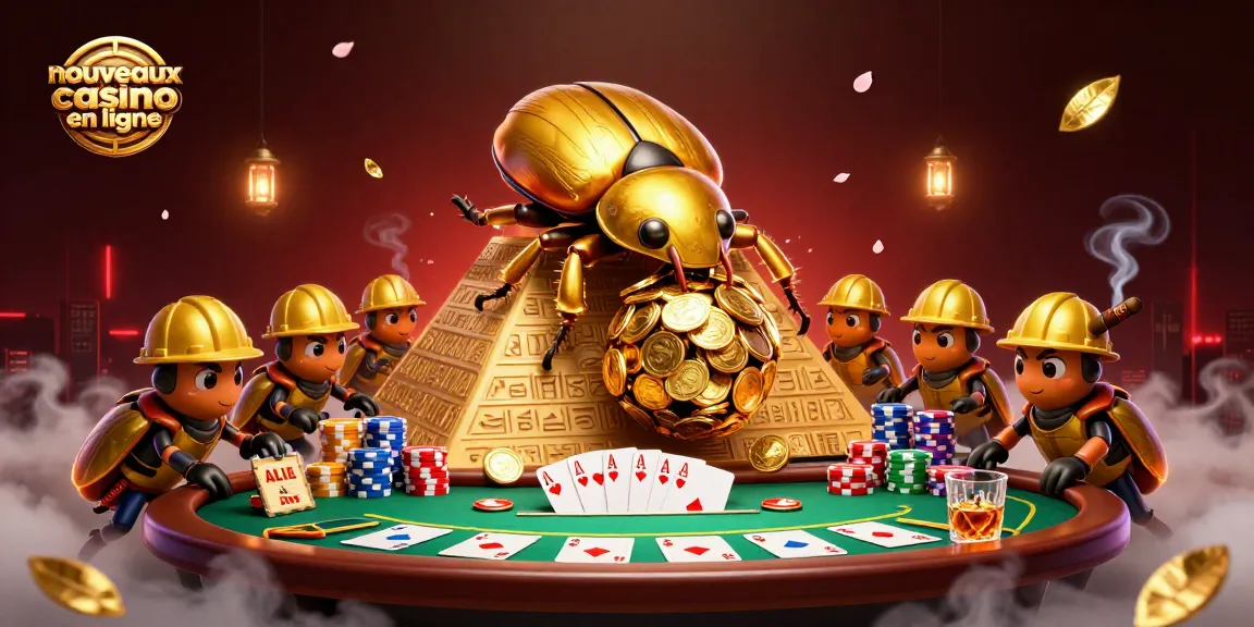 Illustration dynamique montrant le nouveau casino en ligne avec des scarabées dorés et des éléments de poker.