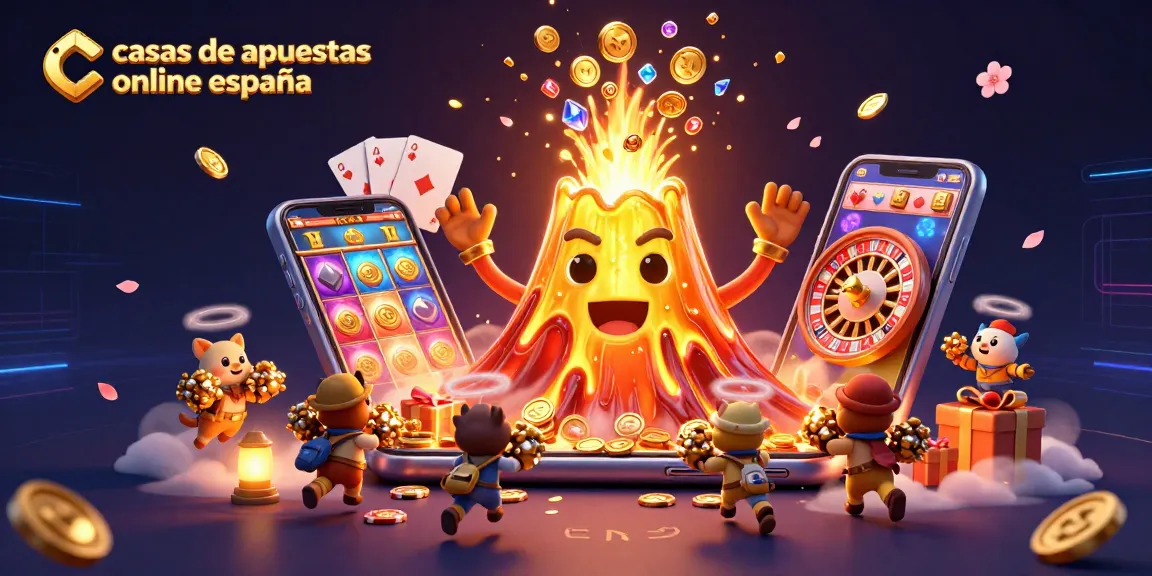 Visualiza las mejores casas de apuestas online España con un volcán dorado y animales recolectando tesoros.