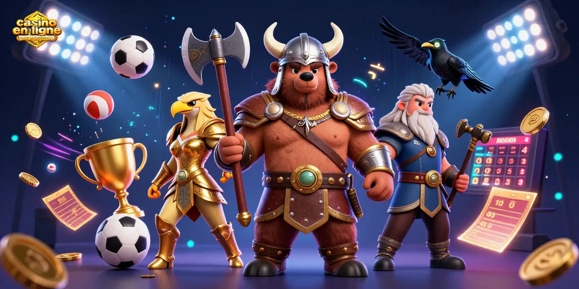 Jouez au casino en ligne sans vérification avec des personnages de jeu épiques, des ballons de sport et des éléments d'animation captivants.