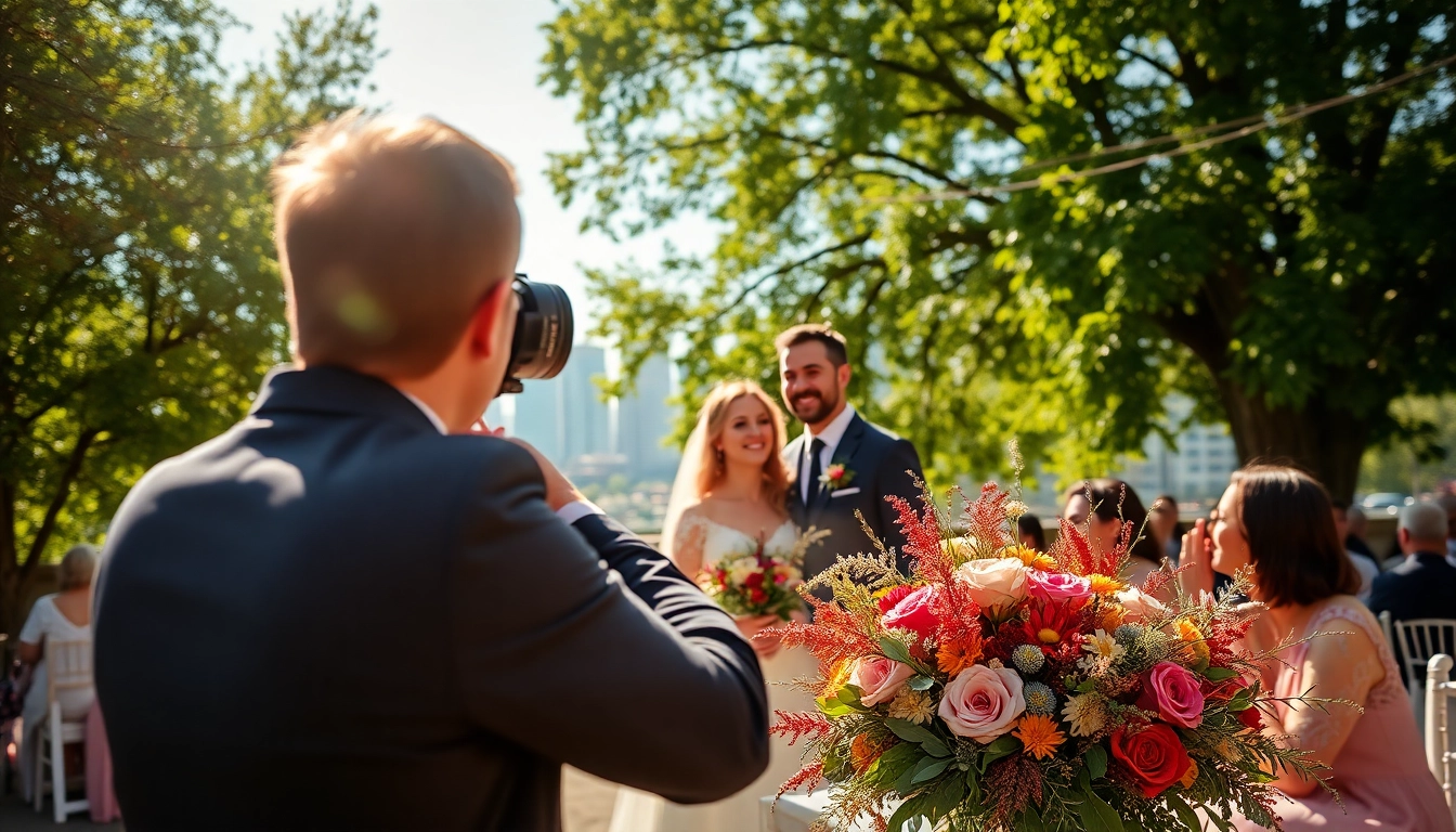 Wedding photography company edmonton showcasing a photographer capturing a couple's joyful moment outdoors.