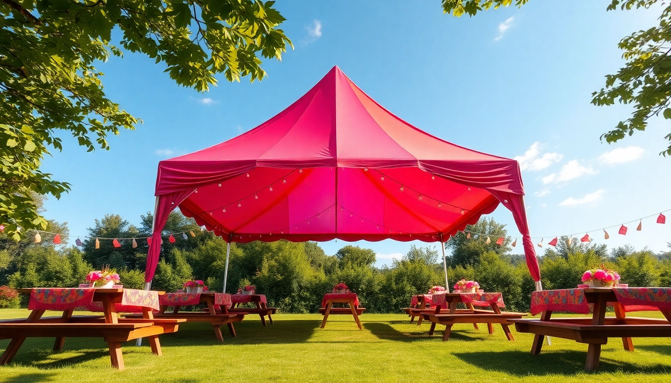 Gather under a vibrant canopy tent in a lively outdoor setting with picnic tables.