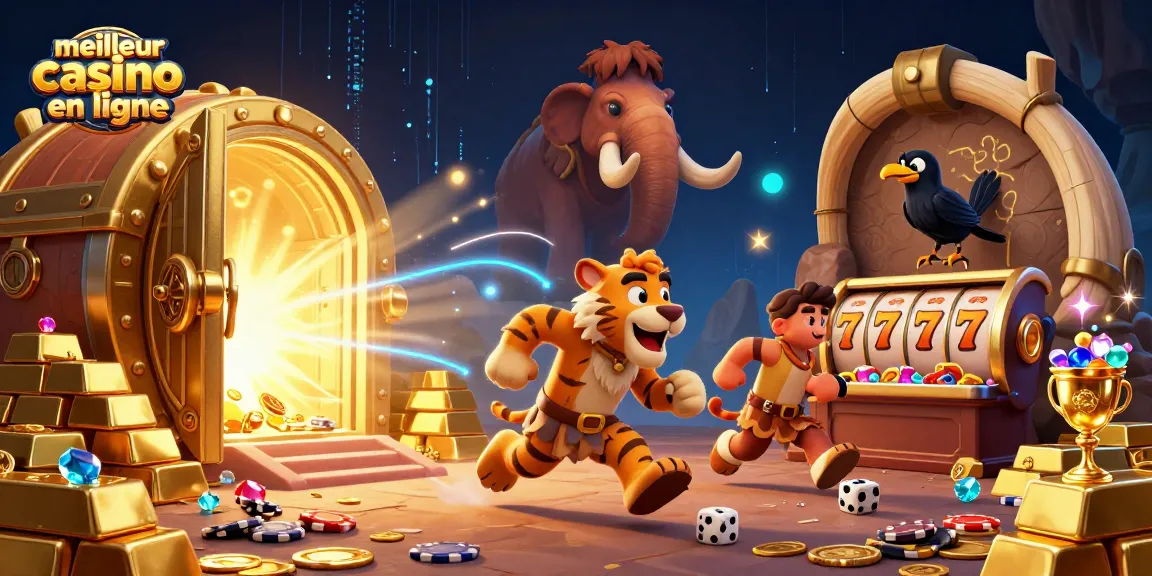 Meilleur casino en ligne : homme des cavernes et tigre à dents de sabre gérant un casino préhistorique.