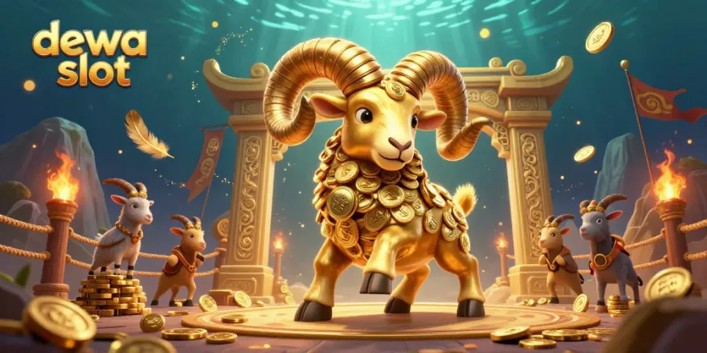 Menangkan pengalaman dewa slot dengan ilustrasi 3D kartun kaya detail, menunjukkan ram emas di arena bertarung.