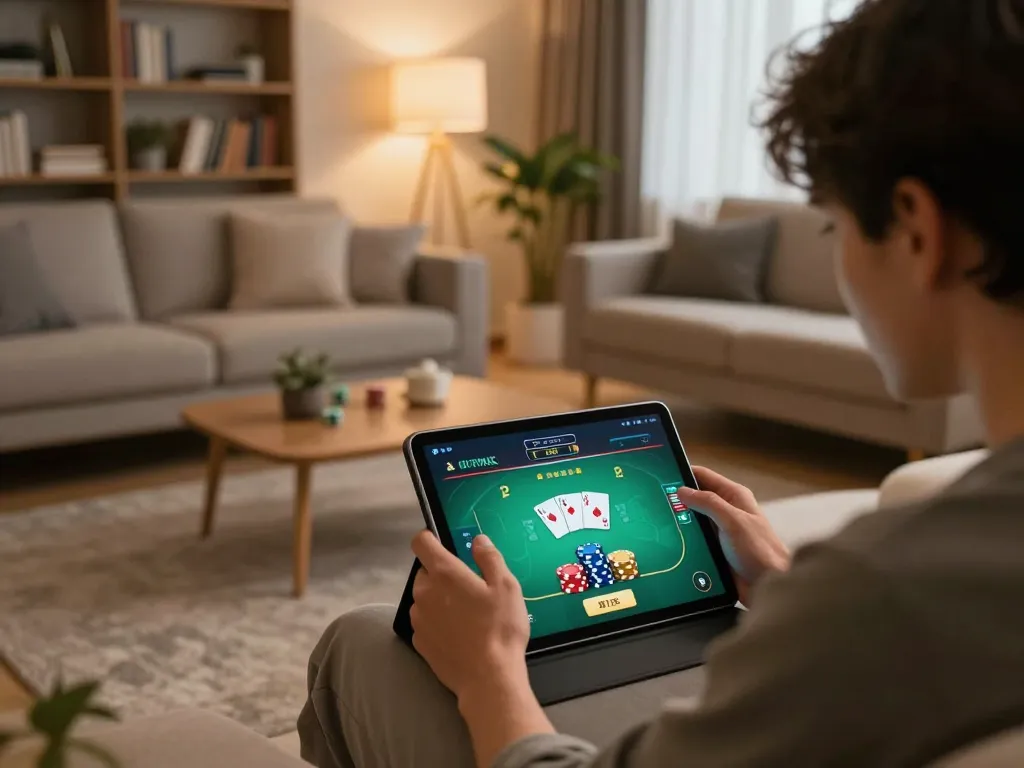 Person engaging with hidden wiki onion poker game on tablet in cozy home setting.
