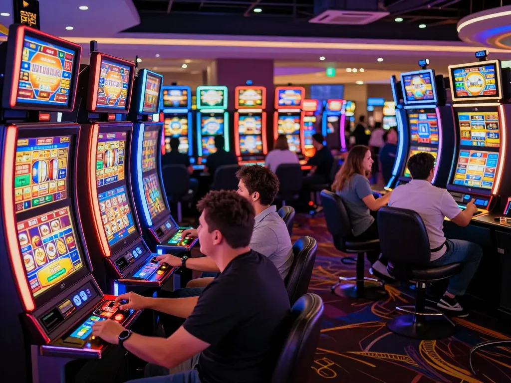 Players engaged in a thrilling slot bet 200 experience at a vibrant casino.