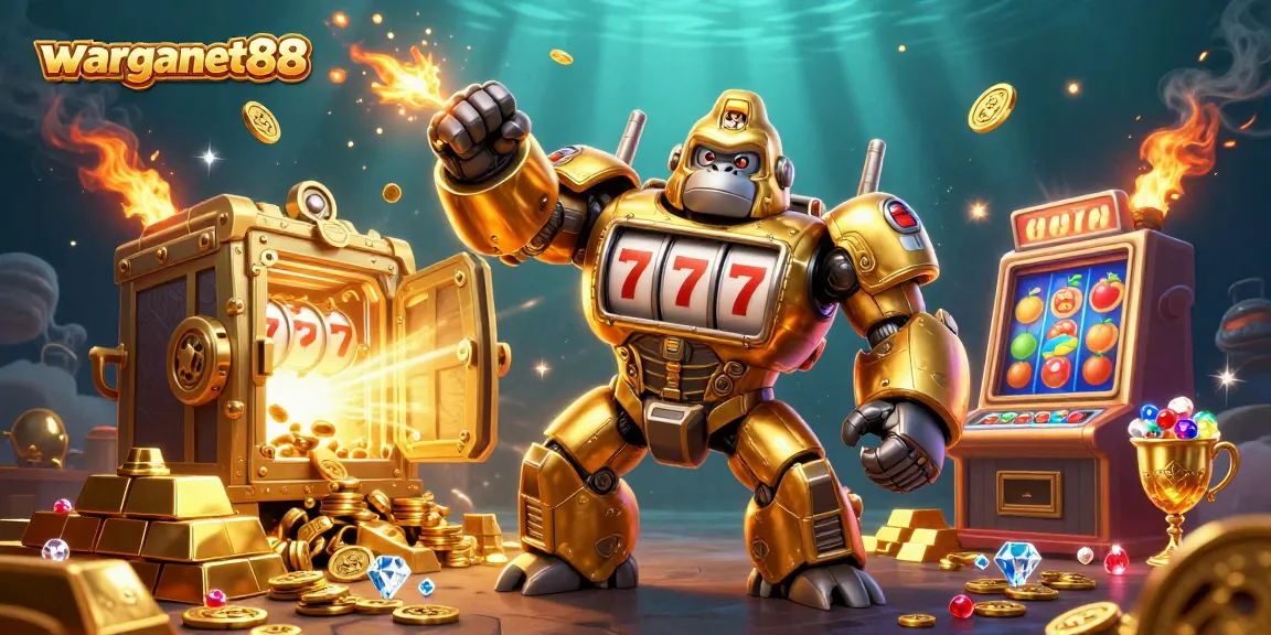 Experience warganet88 action with a vibrant 3D illustration featuring a golden gorilla mech amidst dazzling slot machines and treasures.