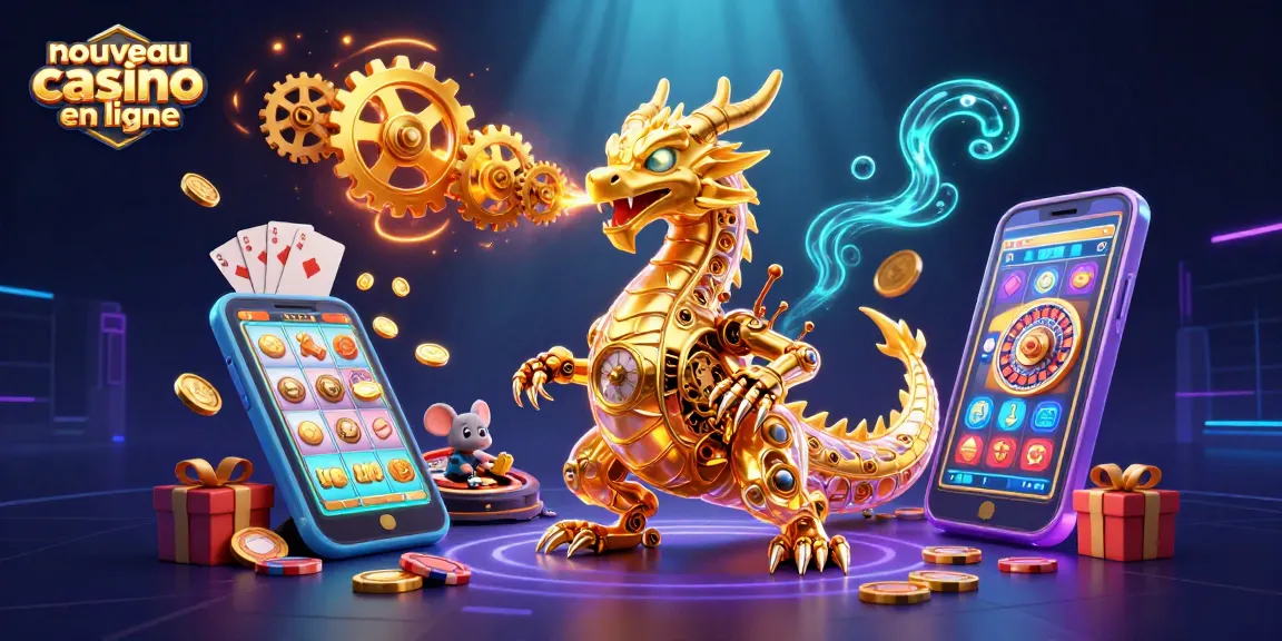 Profitez d'une illustration captivante pour le nouveau casino en ligne, avec un dragon doré entouré d'éléments de jeu.