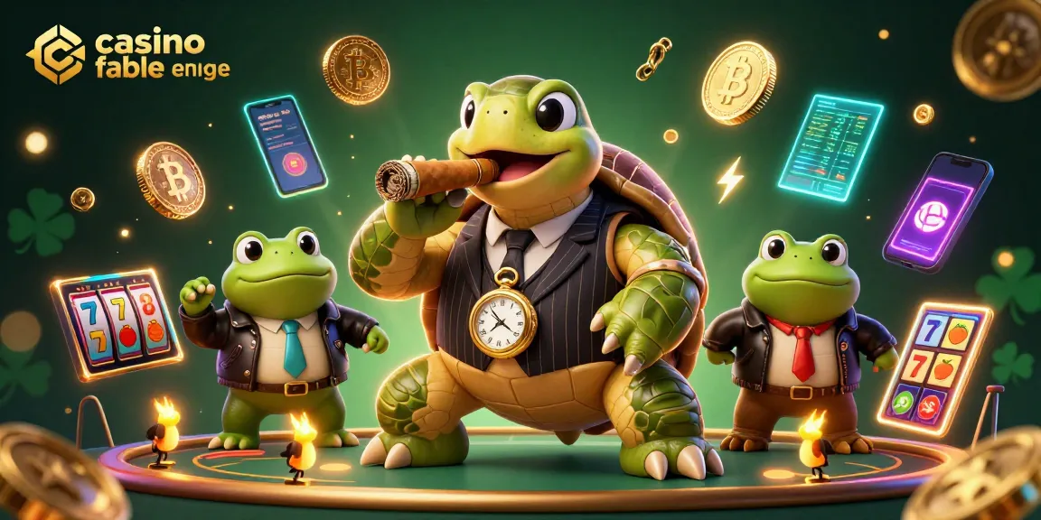 Illustration d'un casino fiable en ligne avec une tortue et des grenouilles sur un fond vibrant.