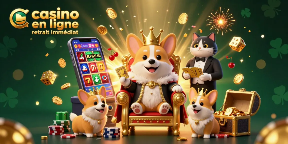 Jouer au casino en ligne avec retrait immédiat avec une illustration colorée de corgis royaux et une machine à sous.