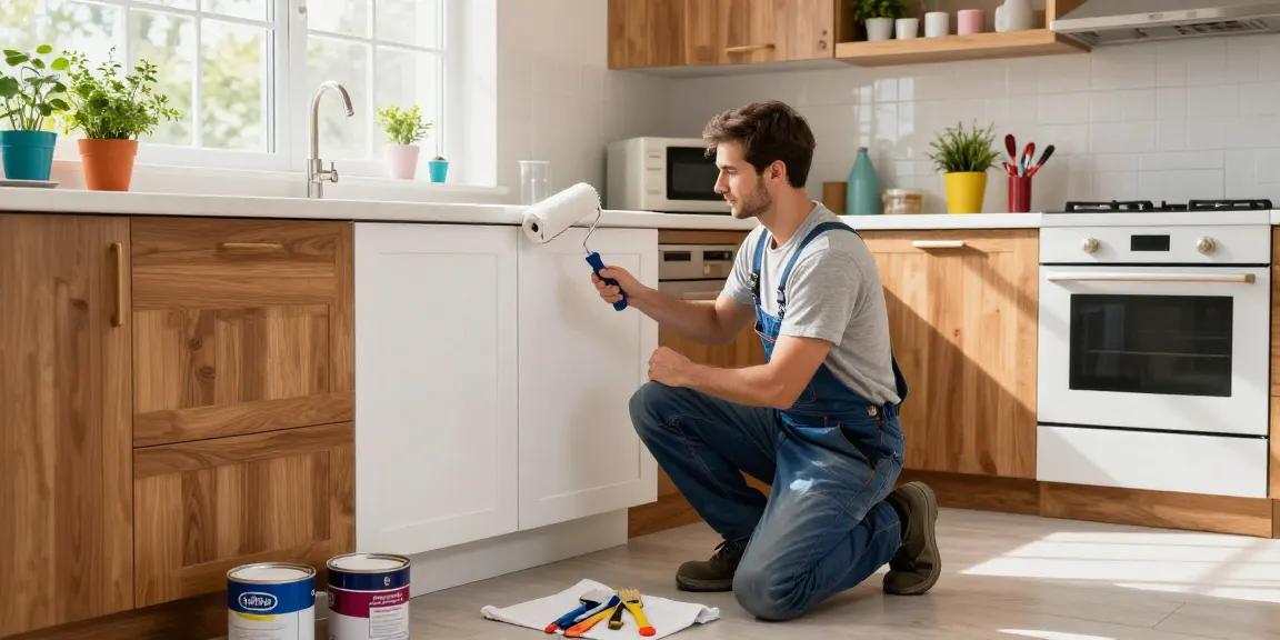 Cabinet painters Franklin County OH transforming a kitchen with fresh paint, showcasing skill and quality in an inviting space.