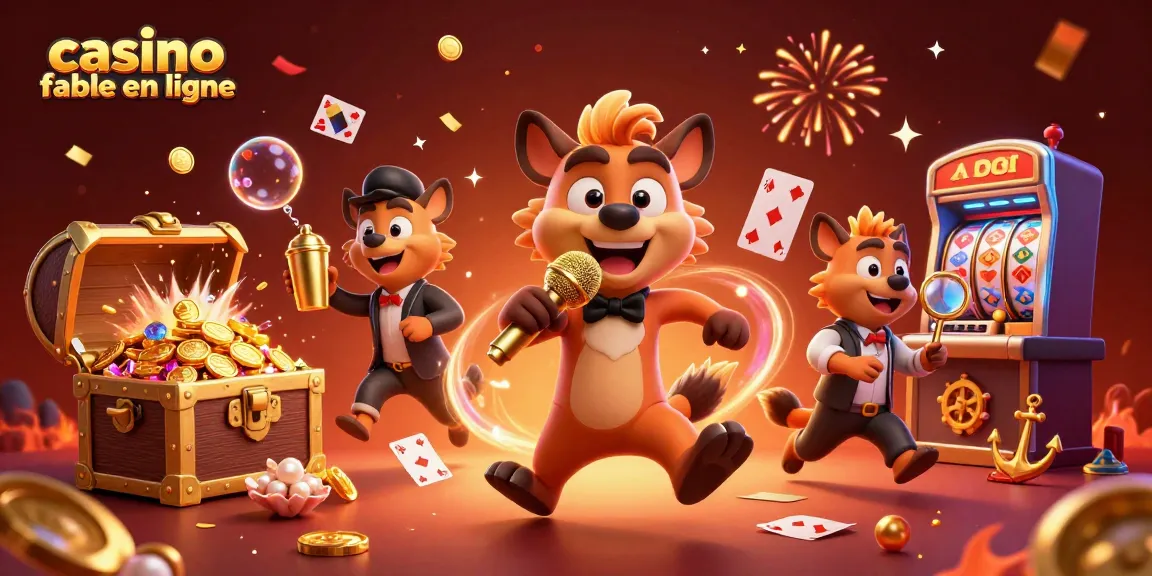 Une scène dynamique de hyènes dans un club de casino comique, illustrant casino fiable en ligne avec des pièces d'or.