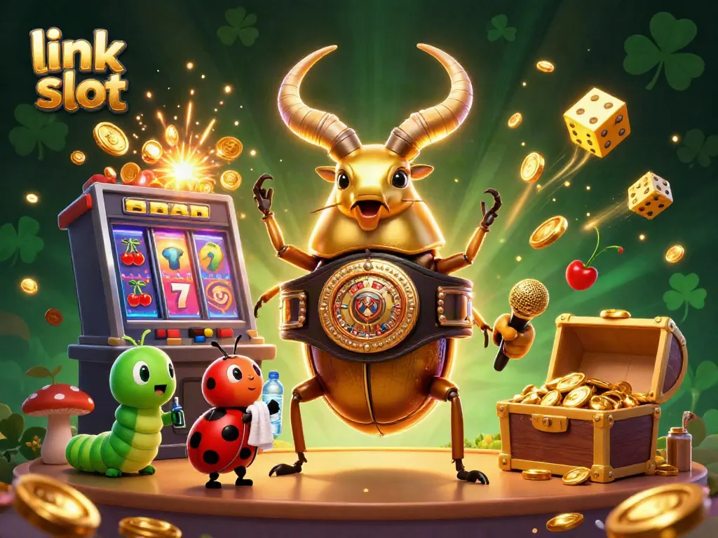 Menangkan jackpot dengan link slot di kasino 3D yang menampilkan karakter unik dan simbol permainan yang berkilau.