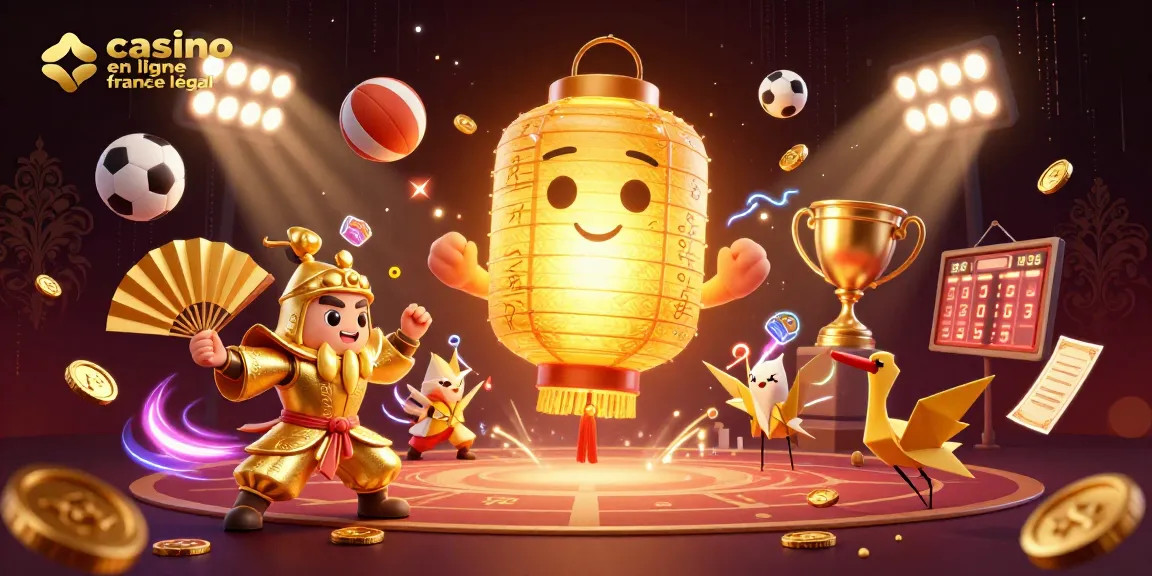 Illustration captivante du casino en ligne légal en France avec des lanternes dorées et des guerriers en éventail.