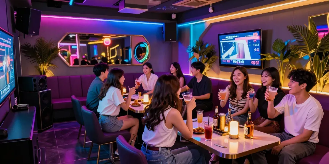 Dynamic karaoke experience at https://www.magic4karaoke.com/ with guests enjoying drinks and entertainment in Jeju's nightlife.