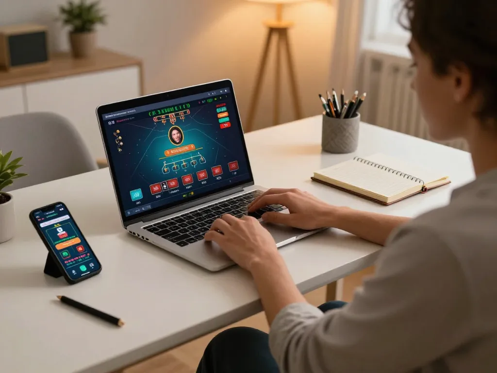 Agen Casino Online player strategizing bets on a laptop and smartphone in a stylish home office.