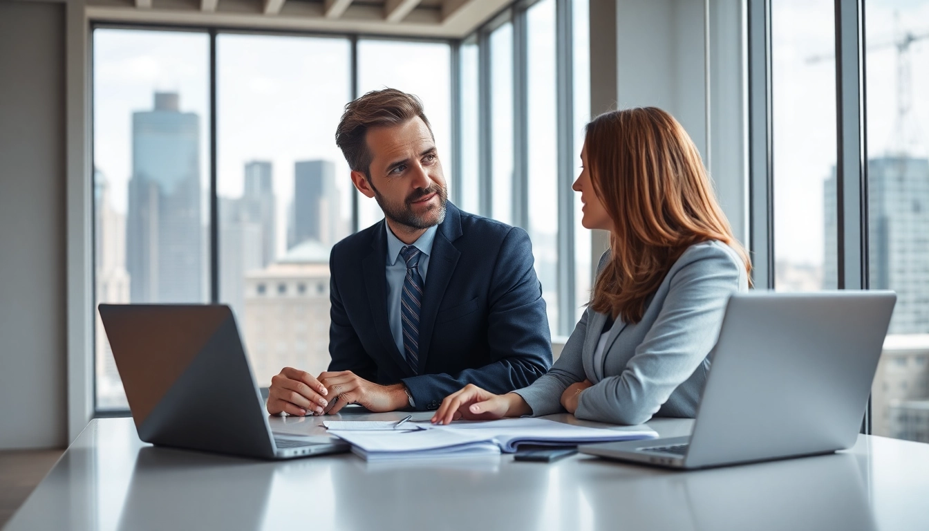 Discussing Family Law Financial Agreements between a couple in a modern office.