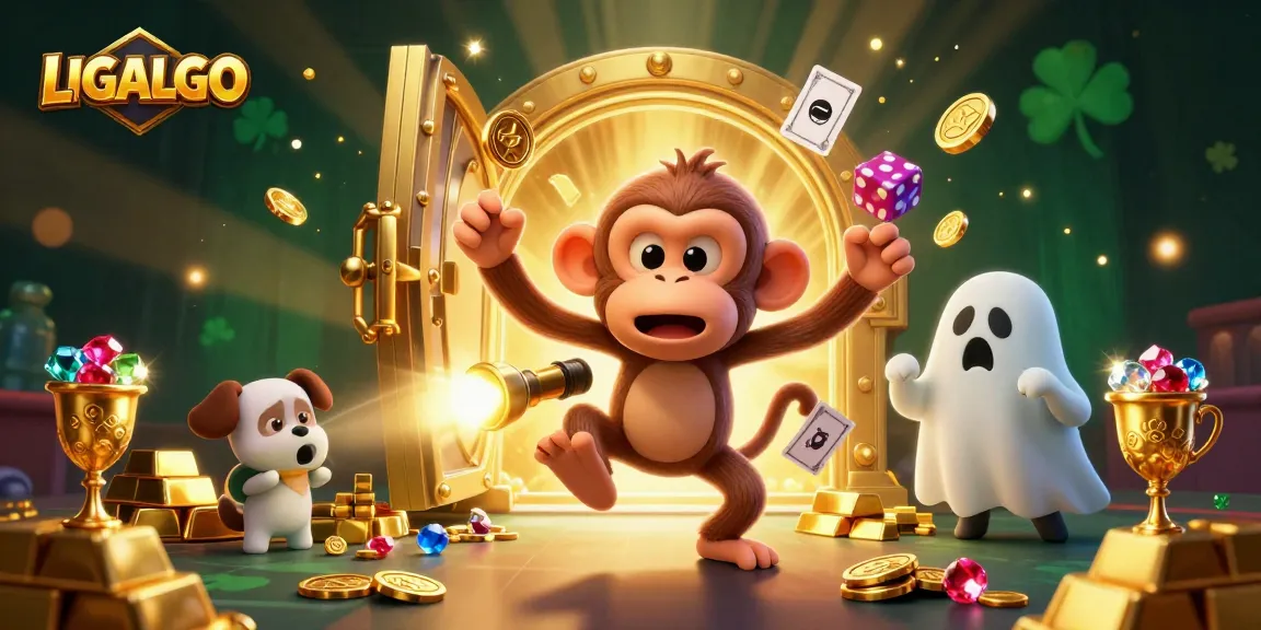 LIGALGO showcases a vibrant casino scene with a playful poltergeist monkey juggling golden chips while a curious puppy explores, capturing the excitement of online gambling.