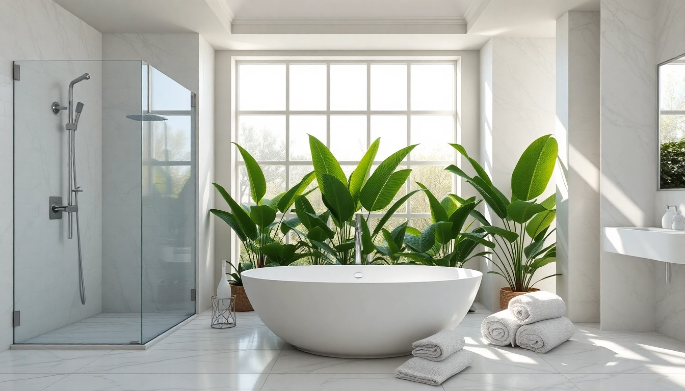 Experience elegant showers in a luxurious bathroom with beautiful plants and soft sunlight.