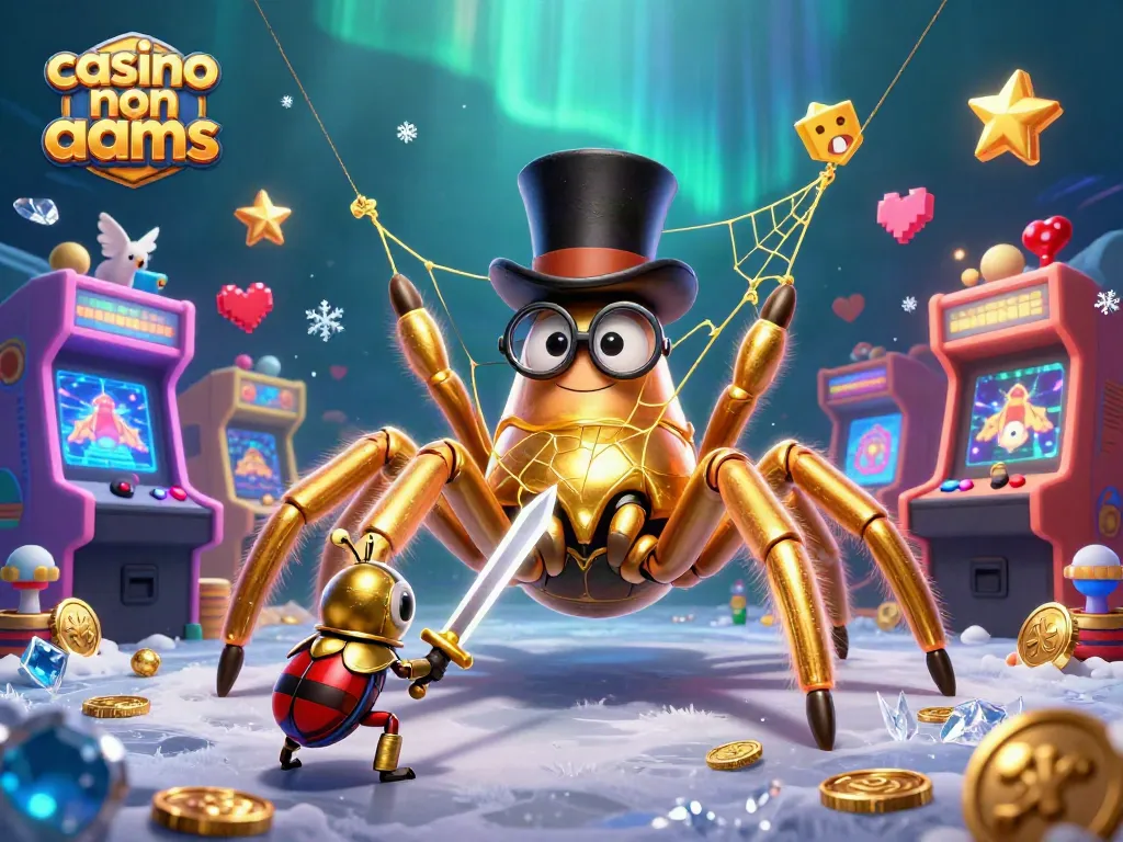 Scopri il casino non AAMS con un ragno dorato e un cavaliere ritardato che esplorano l'atmosfera di gioco.