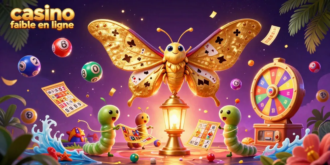 Illustration de casino fiable en ligne montrant un papillon de nuit 3D avec des ailes dorées et des éléments de jeux de hasard.