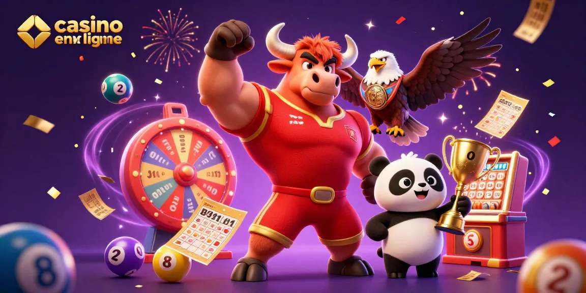 Jouez à casino en ligne retrait immédiat avec des personnages animés, des balles de loterie colorées et des effets festifs.