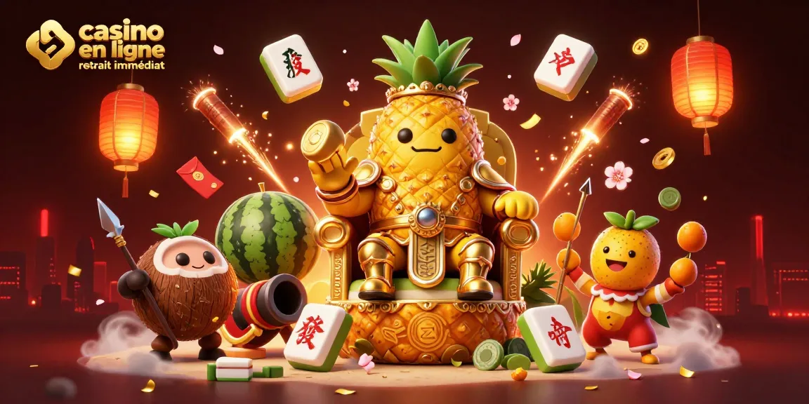 Jouez au casino en ligne retrait immédiat avec le roi ananas et ses gardes sur une scène festive.