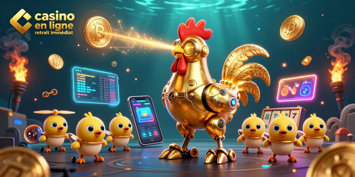 Une illustration colorée représentant un robot coq géant et des drones de poussins au sein du casino en ligne retrait immédiat