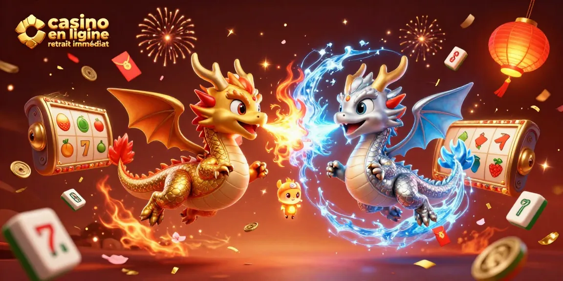 Jouez au casino en ligne retrait immédiat avec une image dynamique de dragons, machines à sous et célébrations.