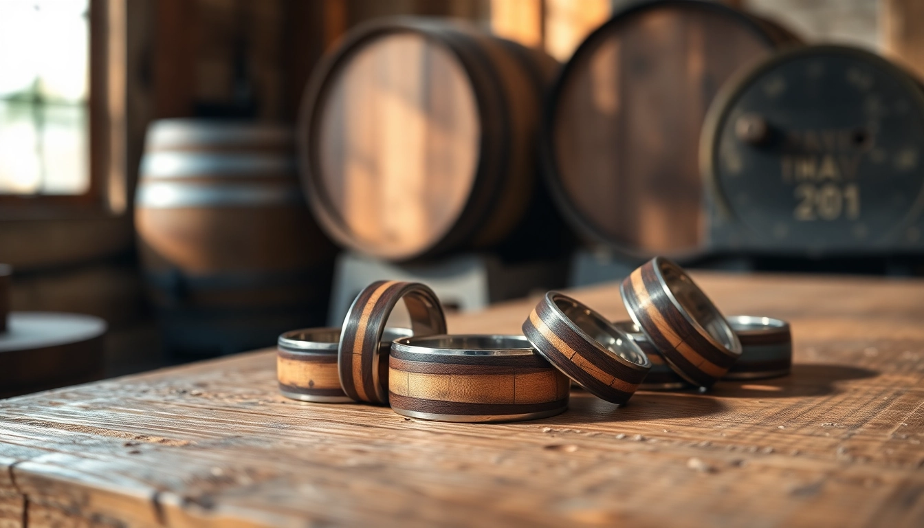 Showcasing unique Whiskey Barrel Wedding Bands with intricate wood grain in a rustic setting.